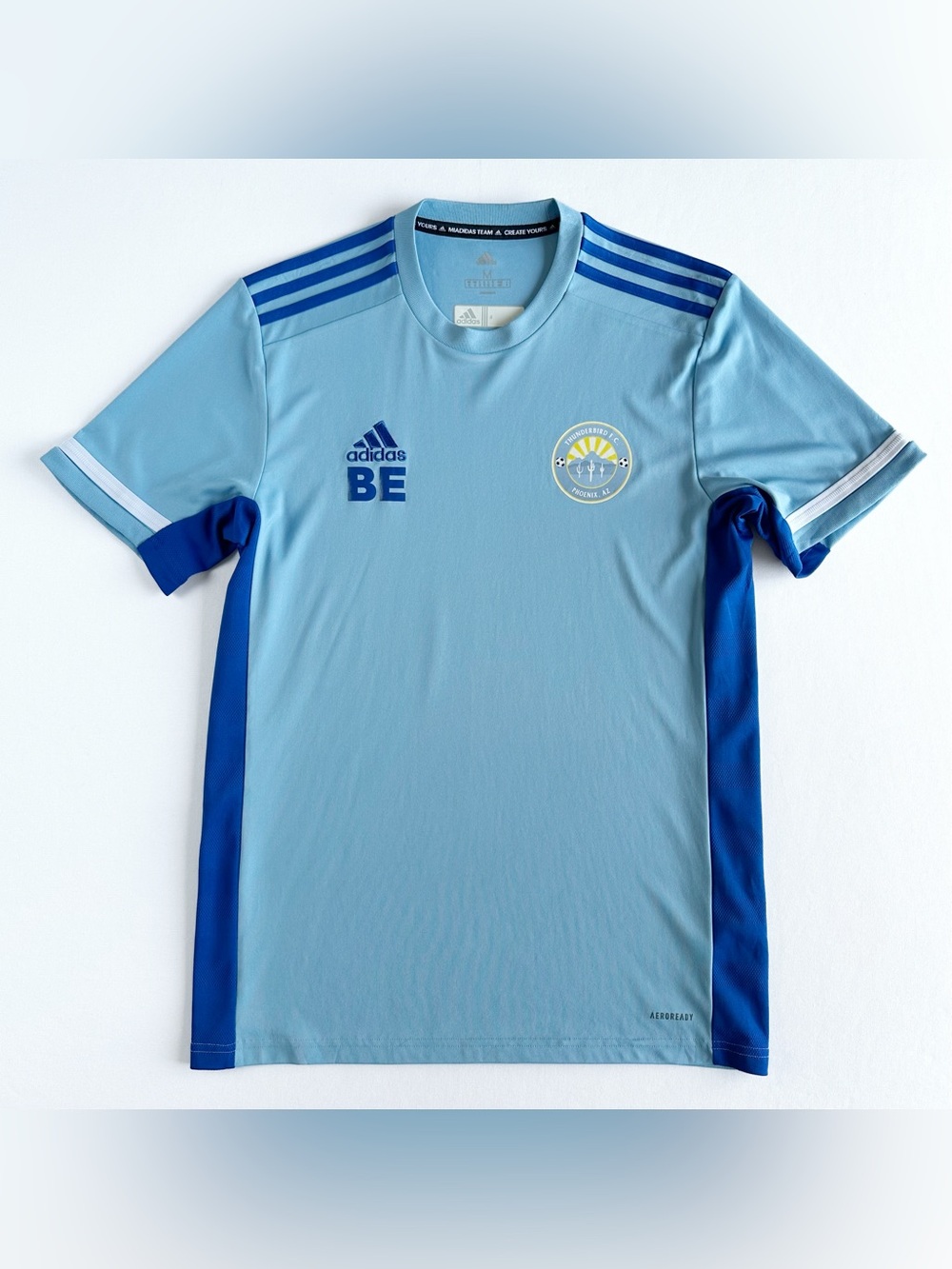 Adidas Light Blue Soccer Jersey with Navy Side Stripes Custom Designed